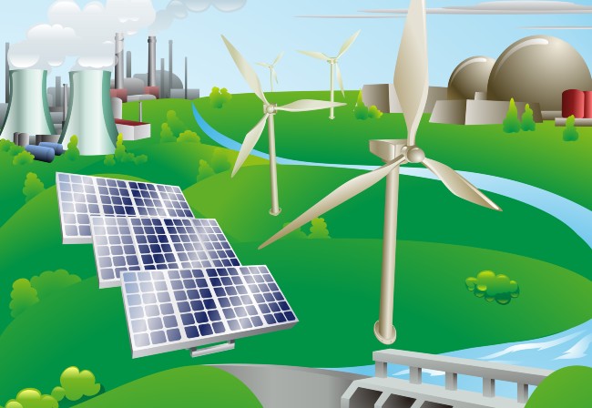 illustration of coal fired energy stationin background, with solar, wind, water and nuclear power in foreground